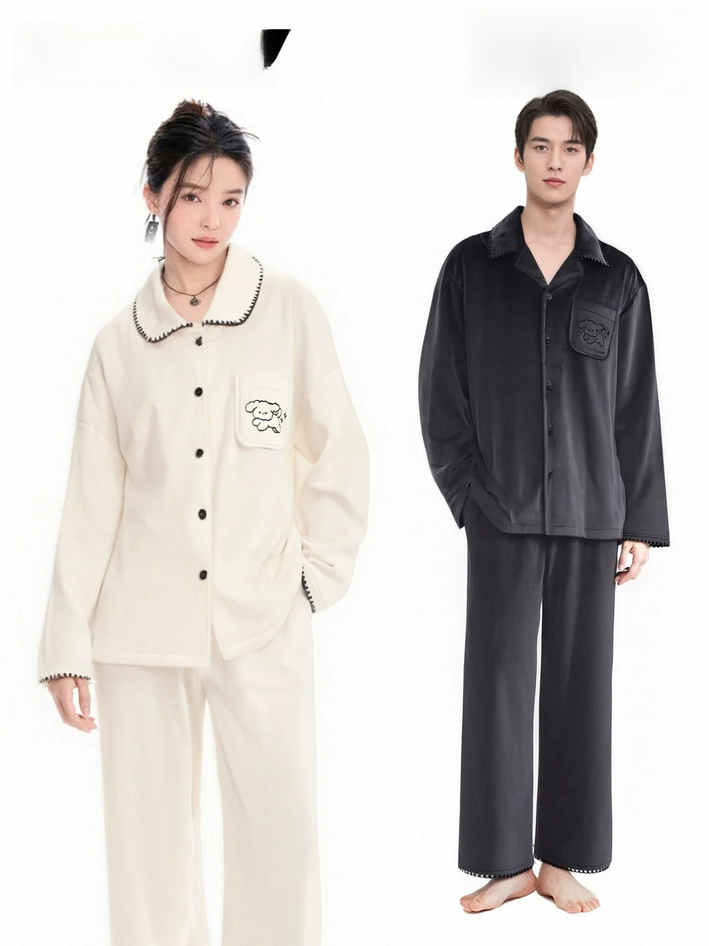 PinkBread Couple's Fleece Lined Home Clothes Island Velvet Thickened Long Sleeve Sleepwear Casual Style Home Comfortable