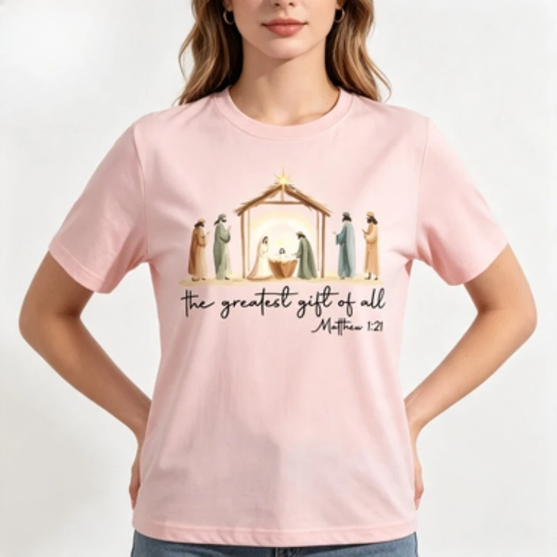 Christmas Women Cotton T Shirt Watercolor Nativity Scene The Greatest Gift Of All Matthew Verse Graphic Casual Loose Tops