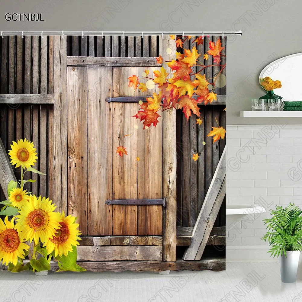 Rural Old Wooden Door Shower Curtain Retro Farm Barn Door Sunflower Daisy Flower Plant Design Bathroom Decor Fabric Bath Curtain