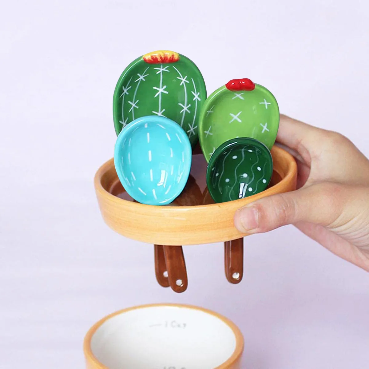 4Pcs Porcelain Measuring Spoons Set with Base Cute Cactus Shape Stirring Soup Spoon Ceramic Flower Pot Measuring Spoon