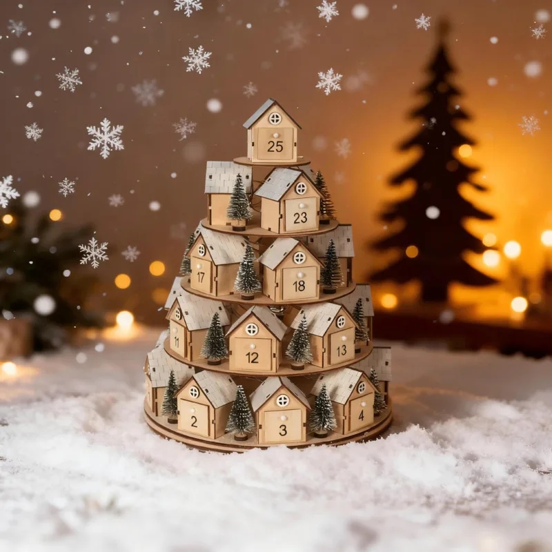 24Pcs Wooden Christmas Advent Calendar House Countdown Tiered Display Shelf Xmas Decoration Table Desktop Ornament Gift