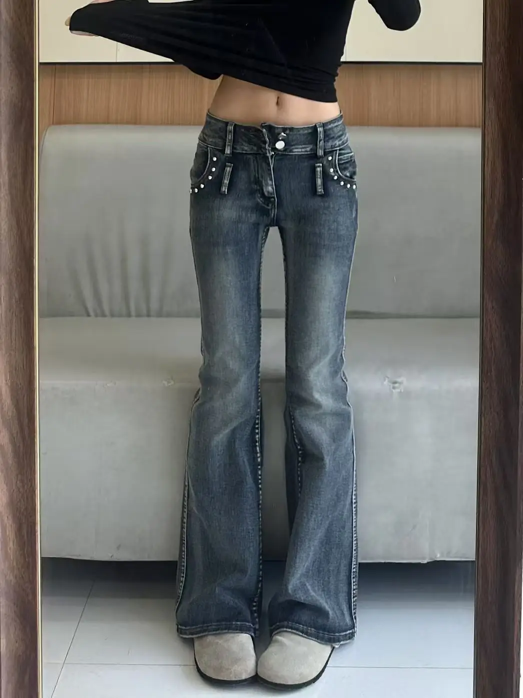 American Style Low Waist Bell Bottom Jeans Women's New plus Size Slim Fit Pants Double Button Embroidered Beaded Bell Long Pants