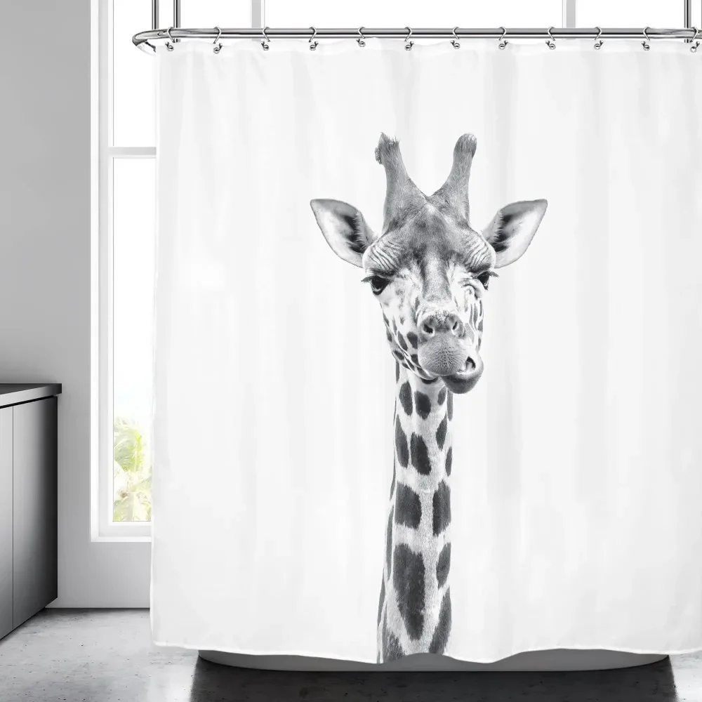 

Funny Animal Shower Curtain Giraffe Jungle Safari Tropic African Wildlife Black and White Modern Designer Cool Bathroom Decor