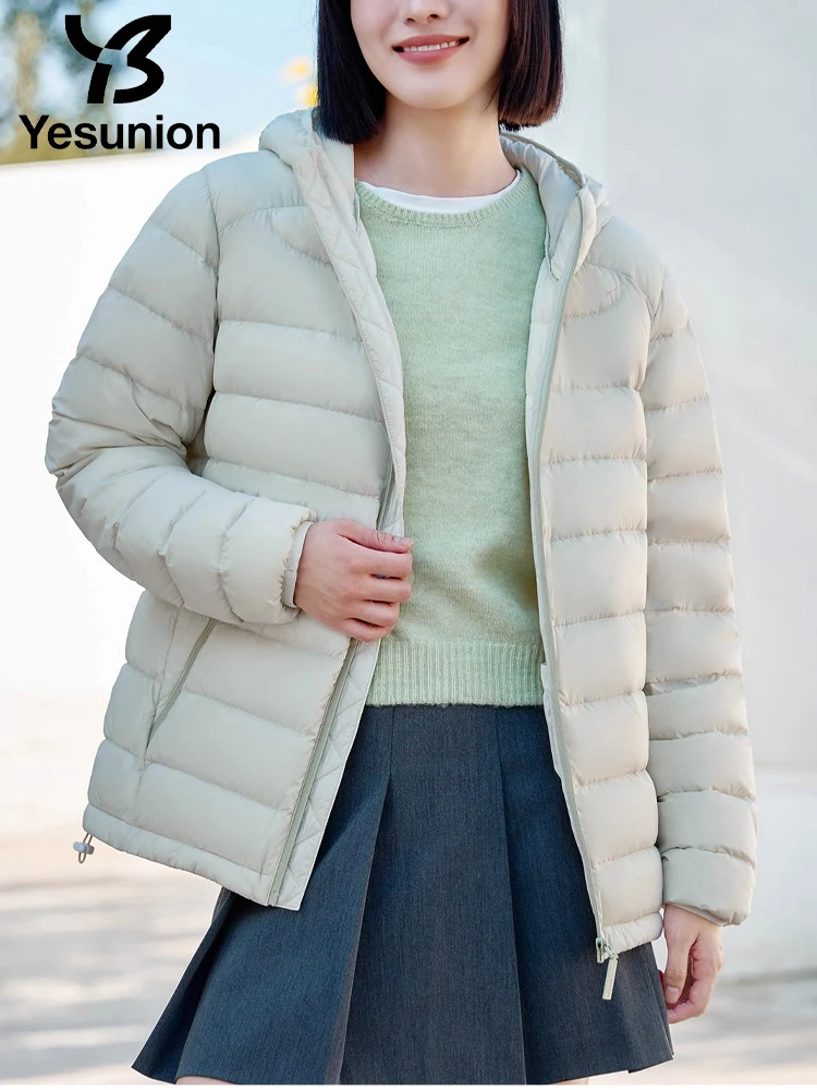 YESUNION Ultraleichte Daunenjacke für Damen, 90 % weiße Entendaunen, elegante, altersreduzierende, einfache, modische, warme Kapuzen-Pufferjacke, Unisex