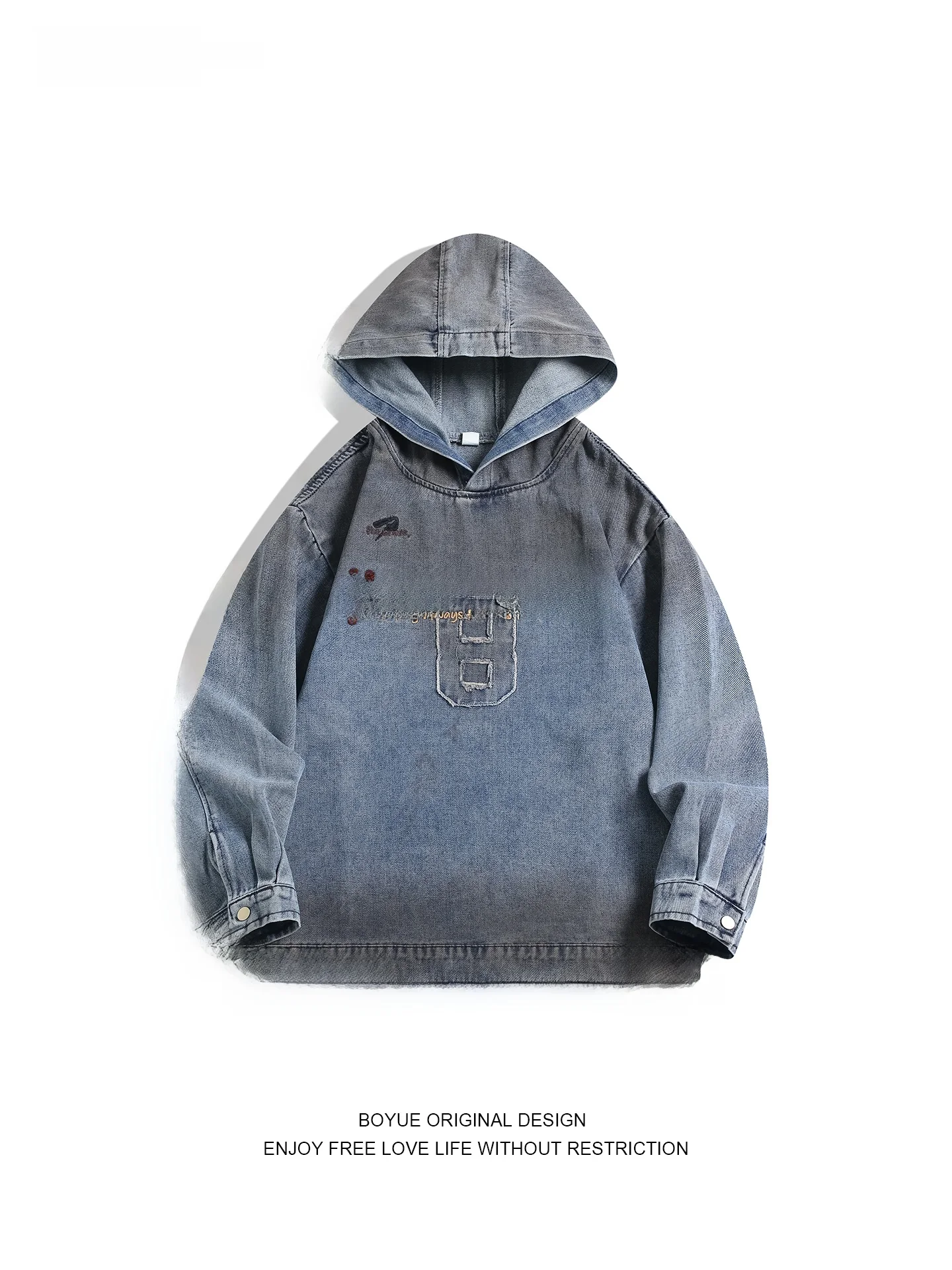 

Boyue American Retro Hooded Denim Jaet Loose Embroidered Letter Design ex Couple Outerwear Cotton Polyester Blend Long ...