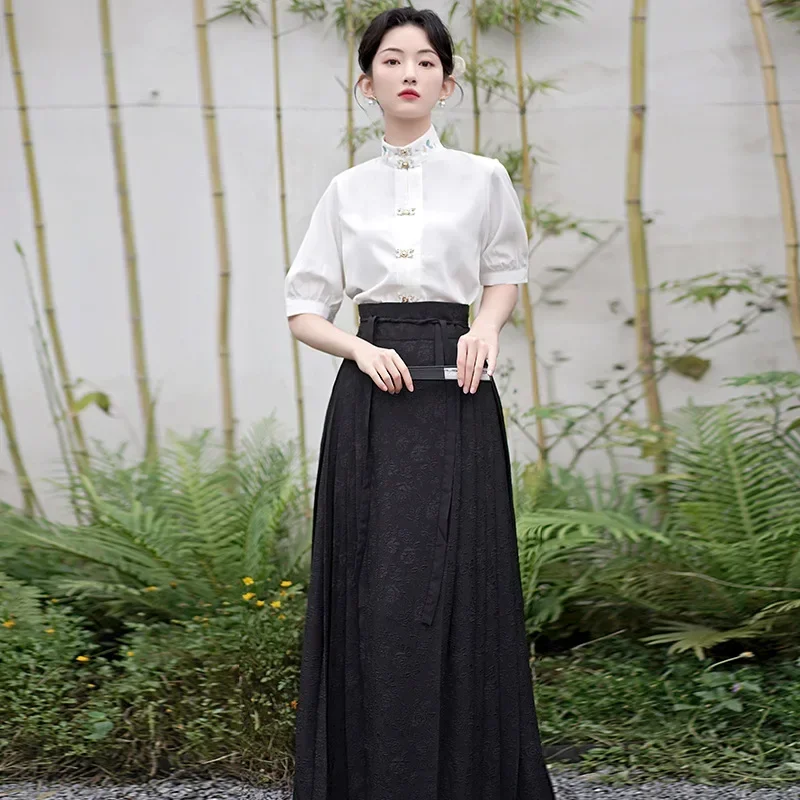 

Yourqipao Summer White T-shirt Black Horse Face Skirt Retro Fashion Chinese Traditional Style Improved Hanfu Dress for Women