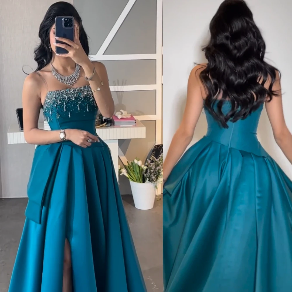 Robe drapée à perles en satin, sans bretelles, sur mesure, robes longues, Arabie saoudite