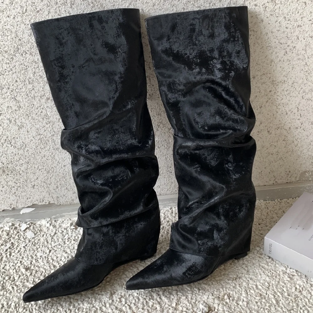

Pleated Wedges Frouser Boots Sexy Pointed Toe Solid Slip On New Arrivals Fashion Women Modern Boots