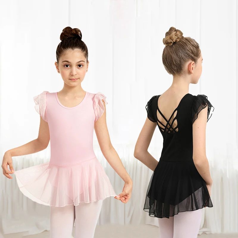 Mädchen-Ballett-Tanzkleid mit Flatterärmeln, Hochelastischem Netzrock und Rückenschleife, Geeignet für Bühnenauftritte