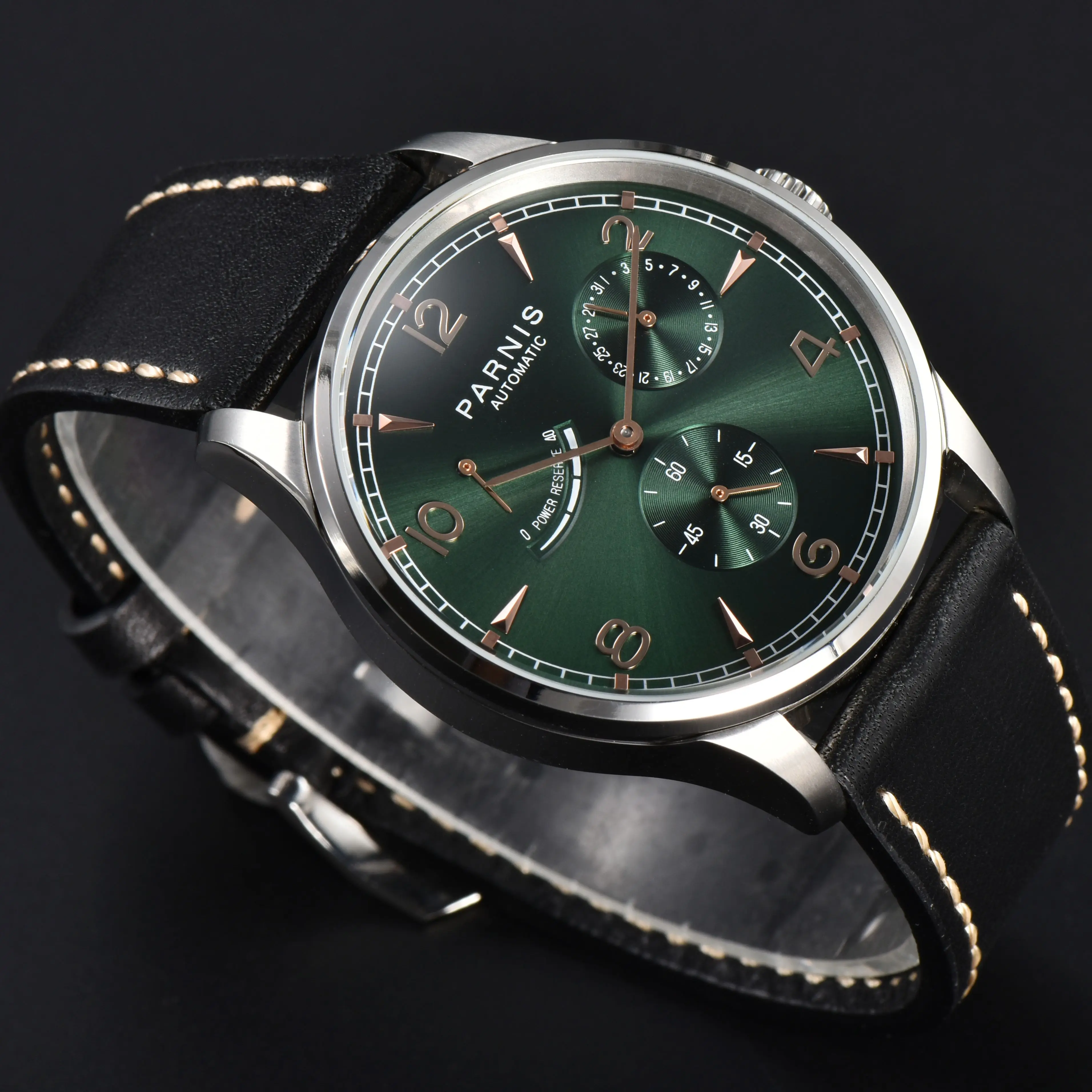 New Fashion Parnis 41.5MM Green Dial Mechanical Automatic Men Watch Power Reserve Leather Strap Men's Wristwatches reloj hombre