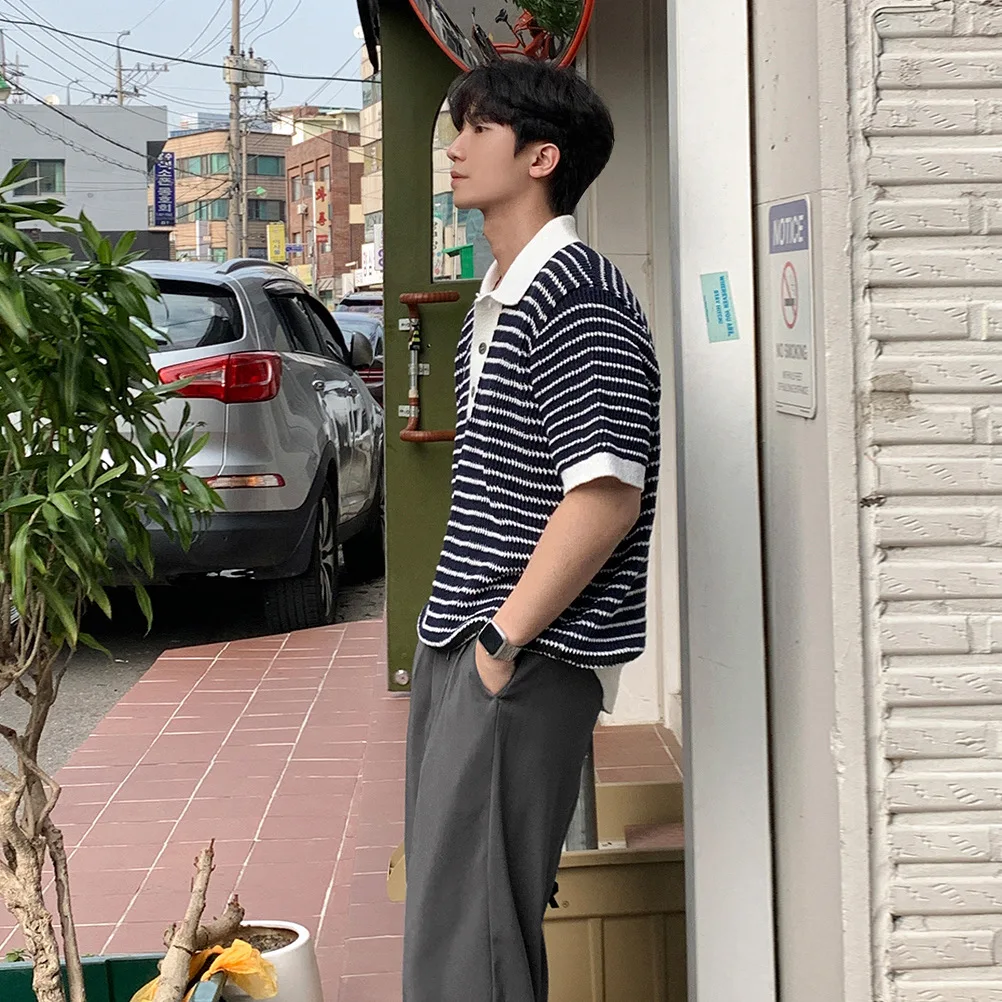 Men Summer Korean Style Navy Striped Knit Lapel Short Sleeve T-Shirt Loose Casual Daily Streetwear Vacation Green Polo Shirt