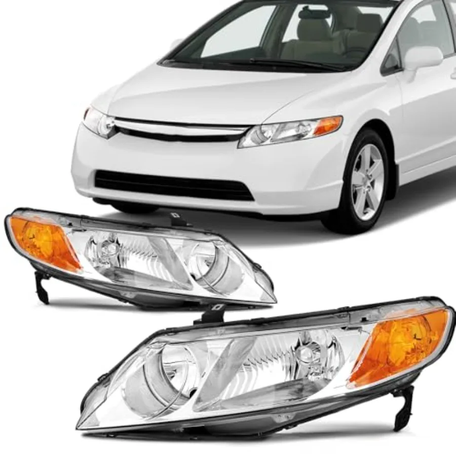 

Фара в сборе для Honda Civic Sedan 4Dr 2006-2011, хромированный корпус, янтарный отражатель, прозрачная линза