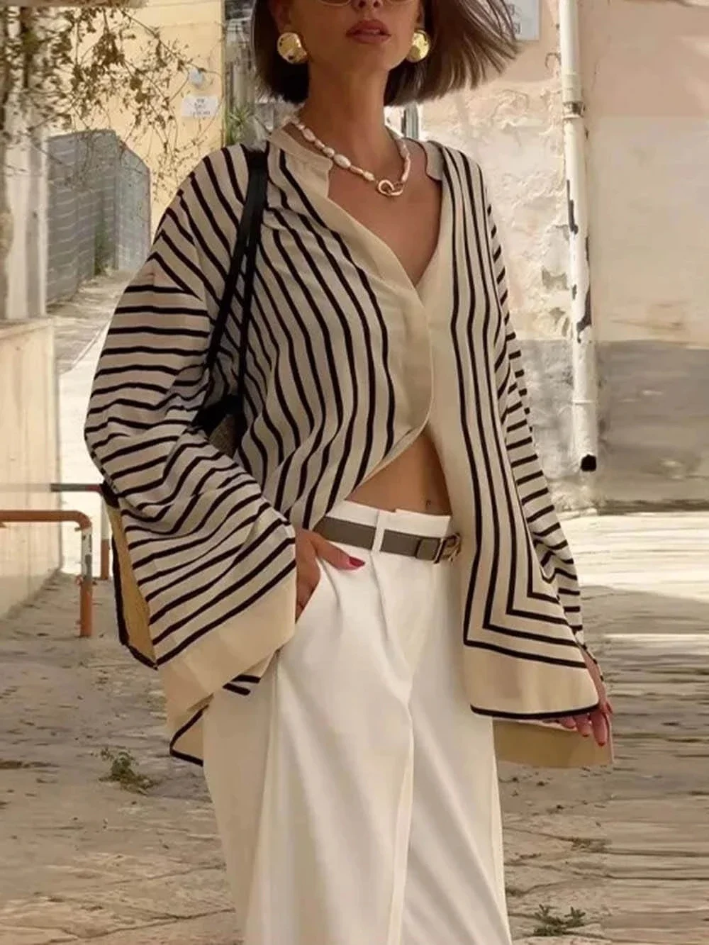 

Pop New European And American Long Sleeved Shirt Striped Loose Cardigan Foreign Trade Shirt For Women