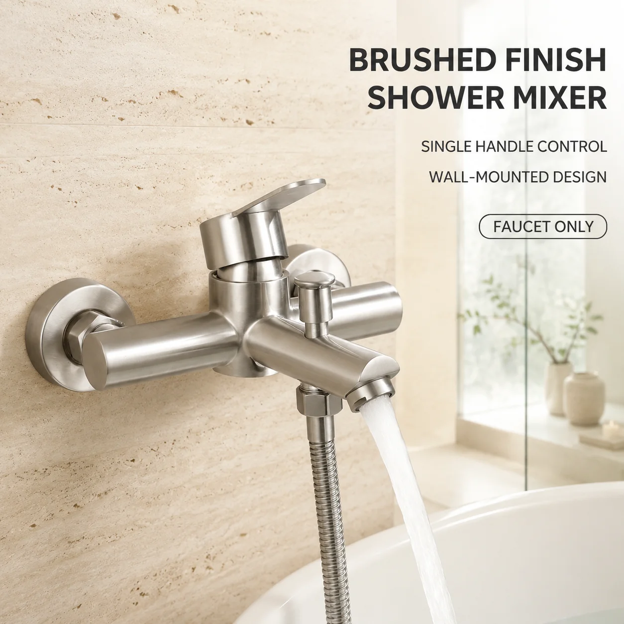 Brushed Stainless Steel Wall Mounted Bathtub Shower Mixer Faucet Only, Hot and Cold Water Single Handle Tap with Diverter Valve