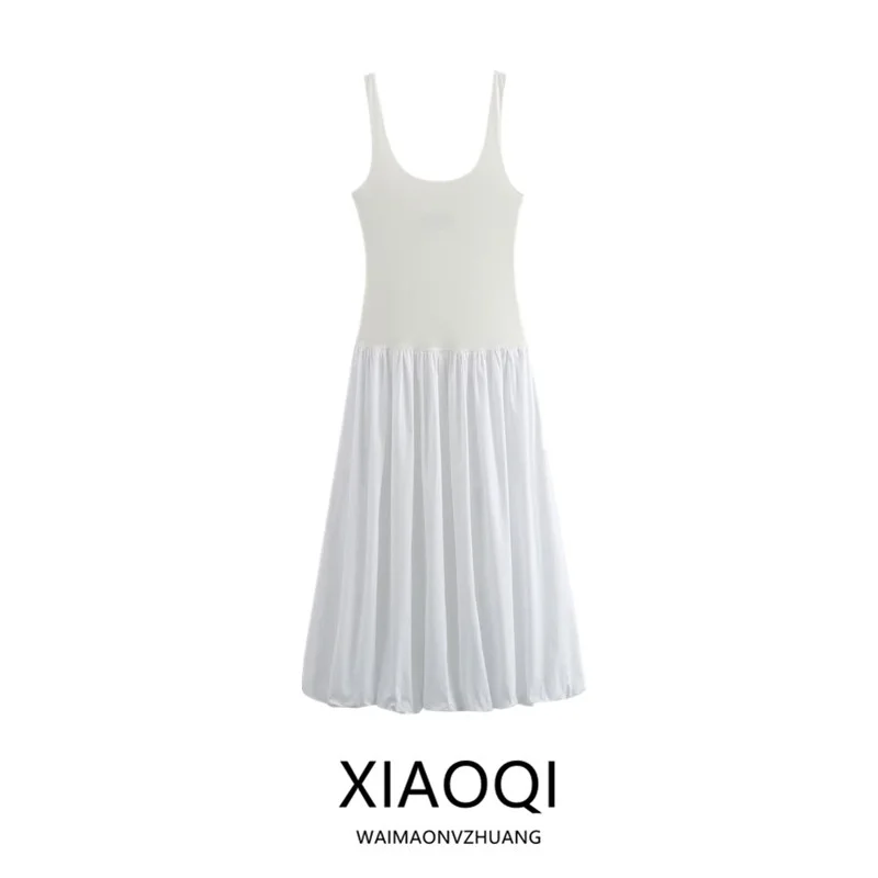 Zomer 2024 Dames Ballon Sve Contrasterende Kleur Midi Dr Ele Sle Strapl Jurk voor Dames Quali Stof Geen Sve