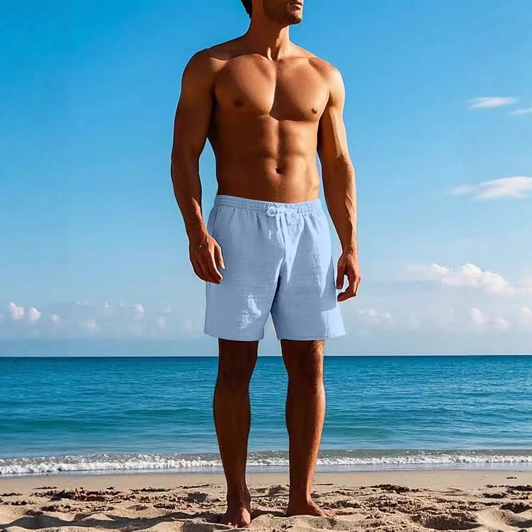 Linen Drawstring Straight 5-Pocket Shorts Men's Breathable Beach Casual Trousers