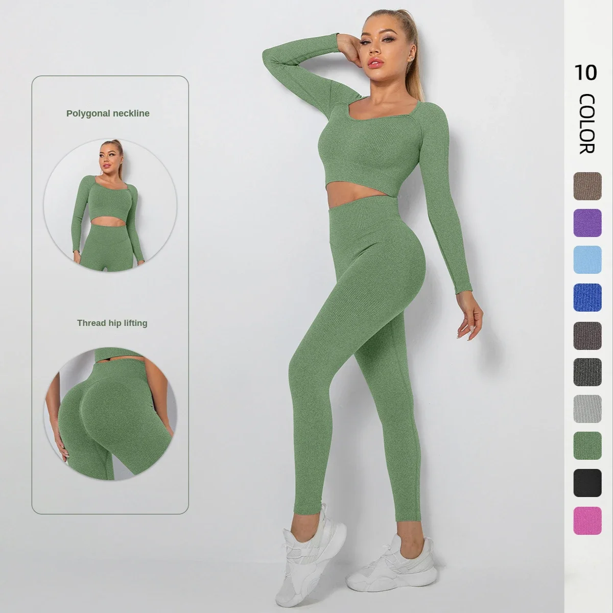 

Seamless Thread Yoga Sets Sports Fitness High Waist Hip Raise Pants Long-Sleeved Suit Workout Clothes Gym Leggings Set for Women