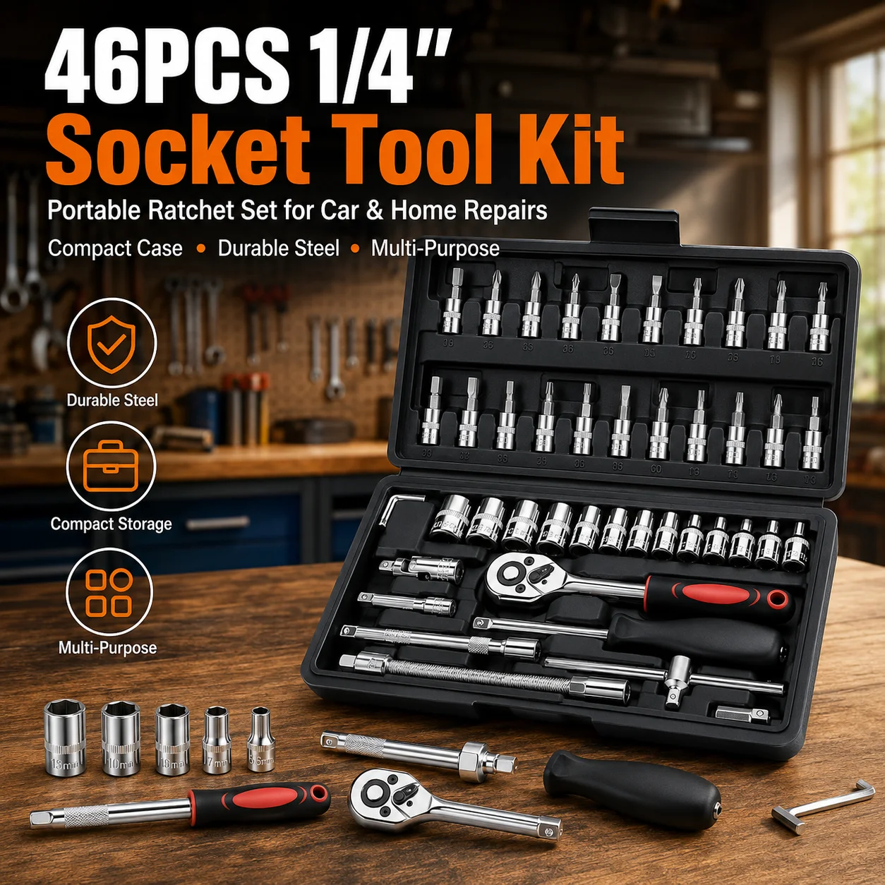 

46PCS 1/4 Inch Ratchet Wrench Socket Set Portable Black Mechanic Tool Kit Metric Bits Extension Bar for Car Home Repairs