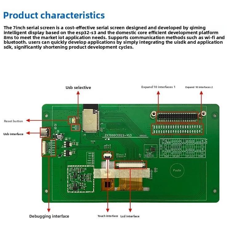 

Плата для разработки ESP32-S3 с 7-дюймовым сенсорным экраном 800*480, поддержкой последовательного порта, Wi-Fi и Bluetooth-связи
