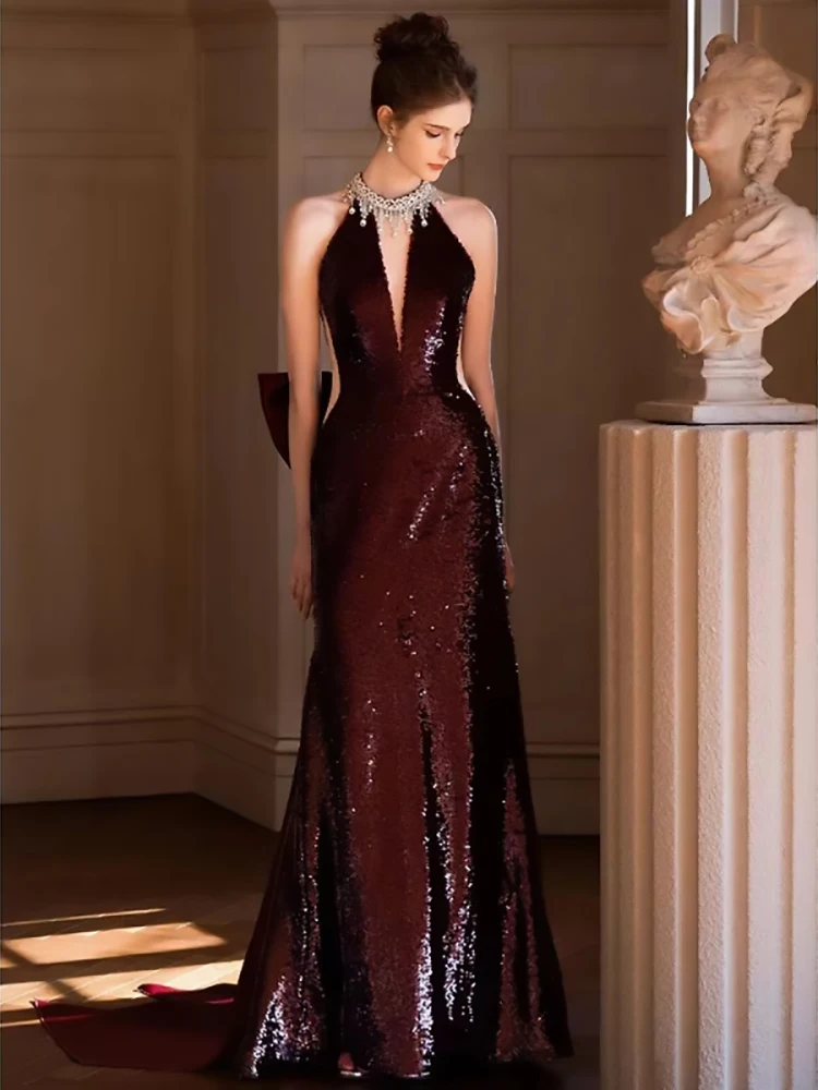 

Light Luxury Sequined Evening Dress Burgundy Heavy Industry Sleeveless Backless Party Gowns Elegant Halterneck Fish Tail Dresses