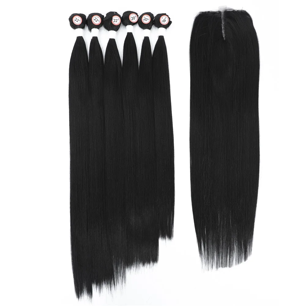 Synthetic Hair Weaving Bundles with 4*4 Clousure Lace Frontal Ombre Wig Natural Wave Straight Hair Extensions Soku Hair Weave