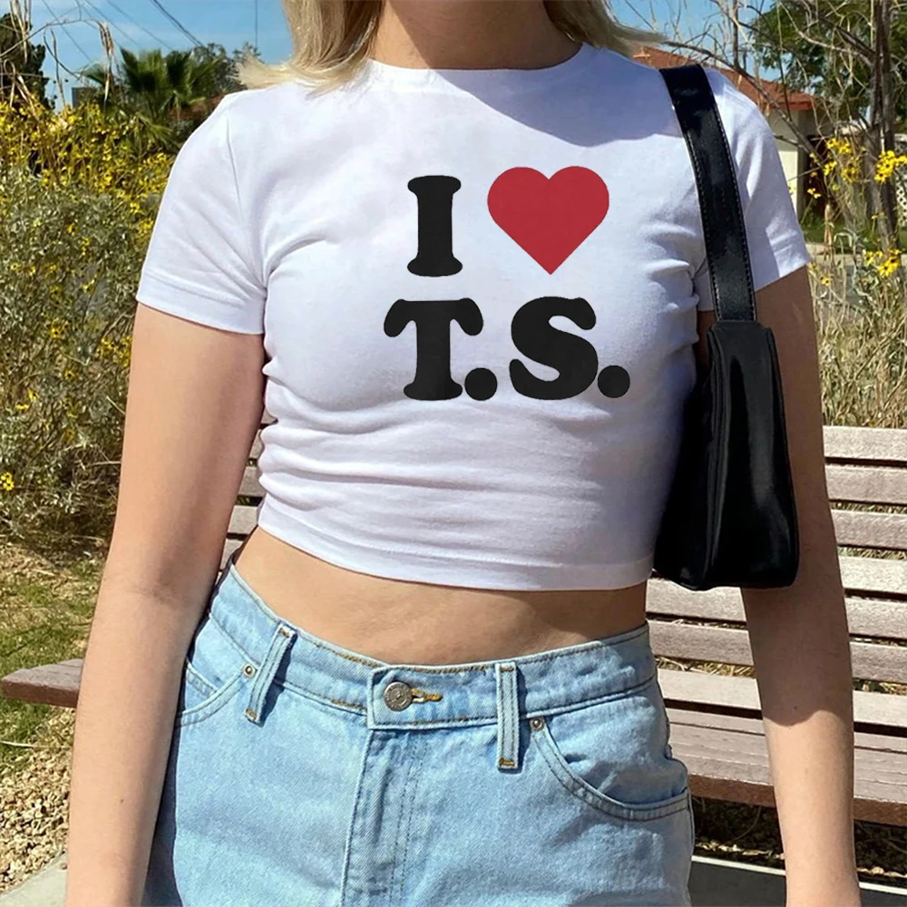 I Love T.S Letters Printing Summer Baby Tees Short Sleeve Slim Cotton Sexy Crop Tops Street Fashion Women Y2K T Shirts