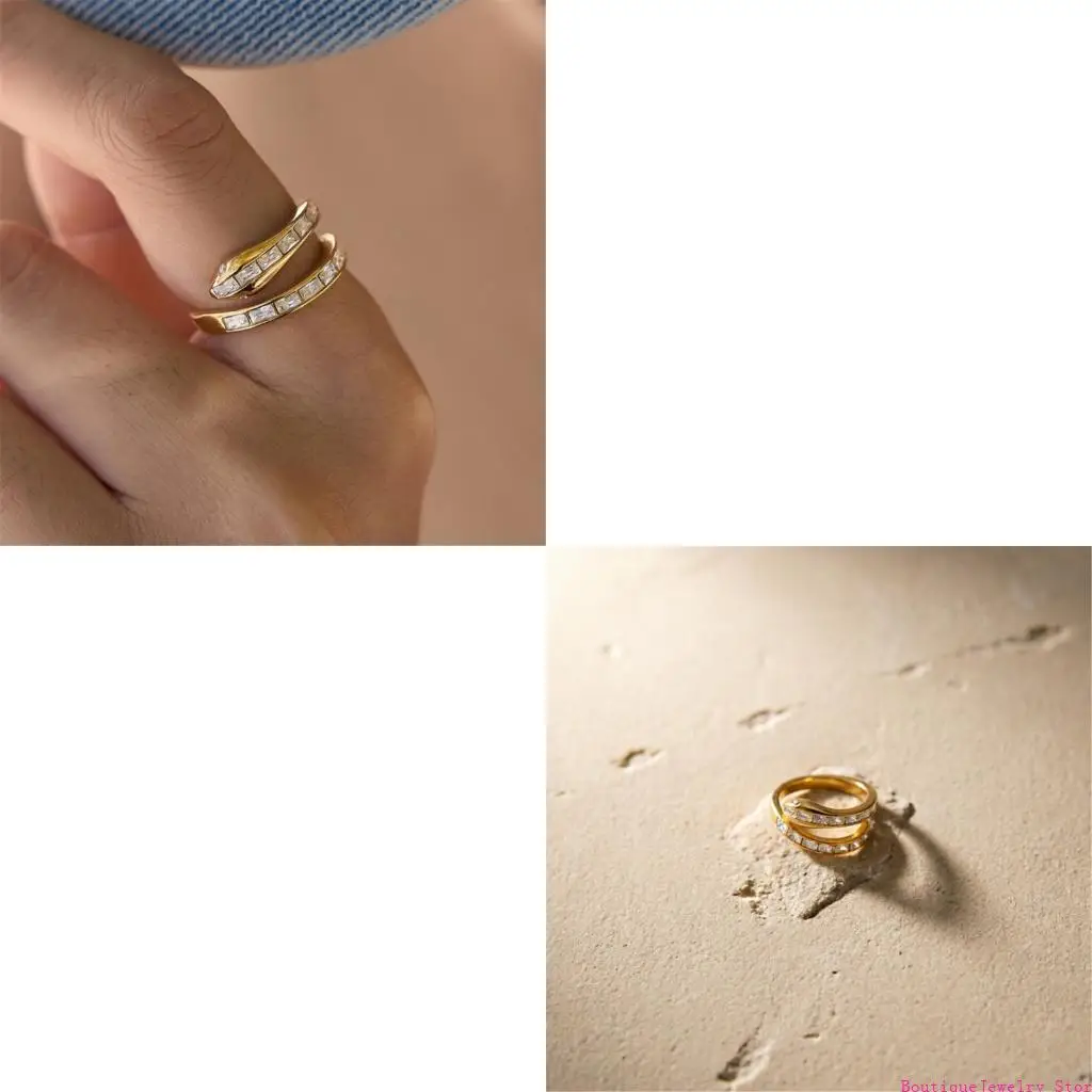 E1PE Party Ready Open Snake Ring with Gold Tone and Stone Detail