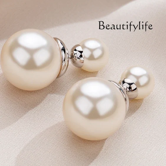 Temperament 999 sterling silver double-sided large pearl stud earrings, high-end light luxury earrings, women's silver earrings.