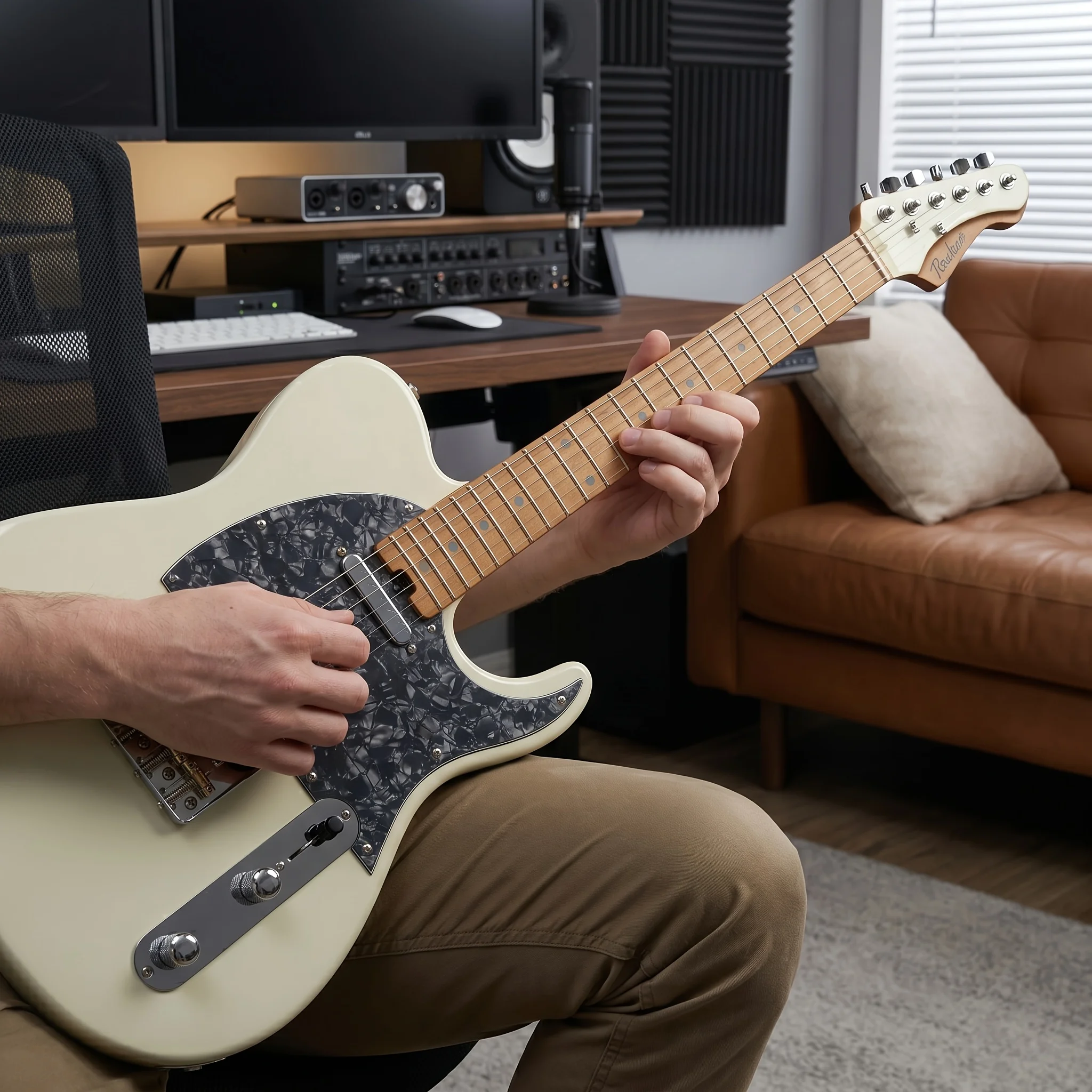 Minimalist TL-Style Full-Size Electric Guitar, Black Pearl Pickguard with Chrome-Plated Hardware, Includes Audio Cable and Tuning Key Set
