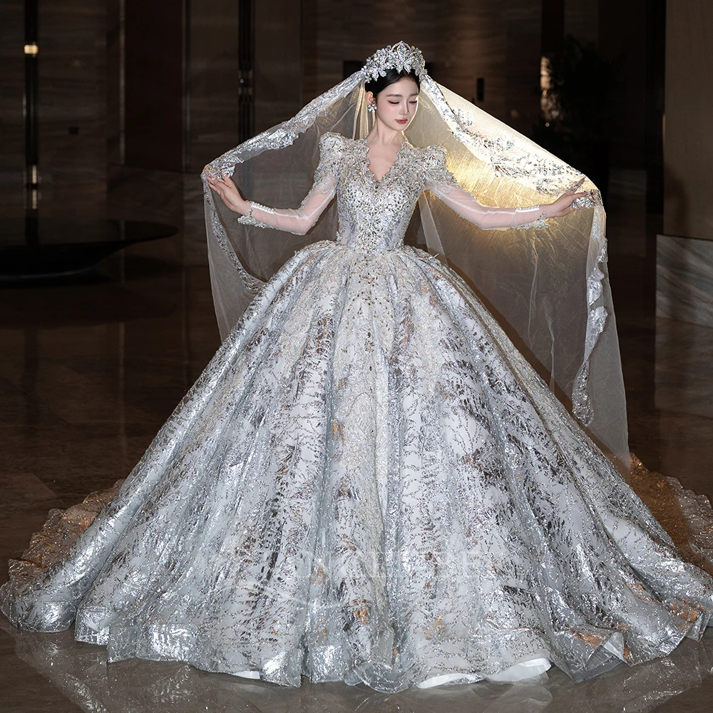 Luxurious Long Sleeves Wedding Dress Classic Sparkly Crystals Customized Bridal Dresses Chapel Train Ball Gown Vestidos De Novia