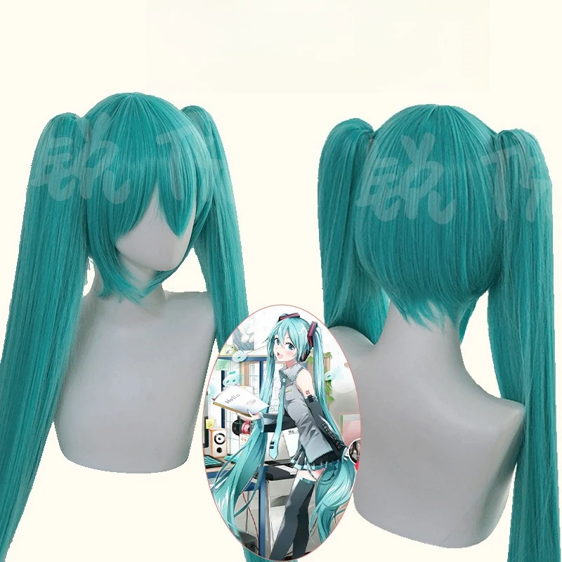 

Synthetic Long Green Wig with 2 Ponytails for Women Long Straight Miku Wigs with Bangs for Cosplay Wig for Halloween Party