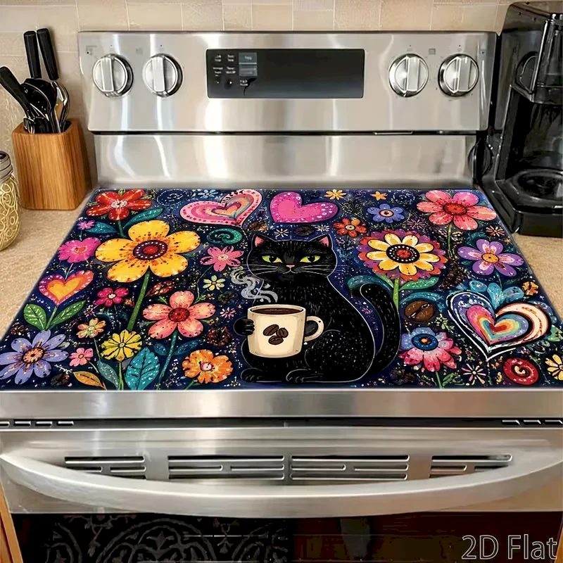 VIKAMA Floral Cat Kitchen Stove Top Cover Mat, Anti-slip Heat Resistant Drying Mat, Countertop Protector Pad Home Decor