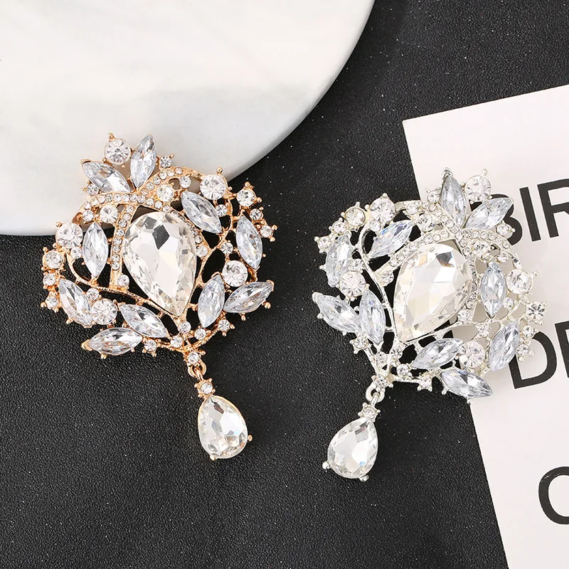 Fashion Women's Crystal Water Drop Pendant Brooches Clothing Pins Luxury Rhinestone Flower Wedding Party Brooch Jewelry Gift