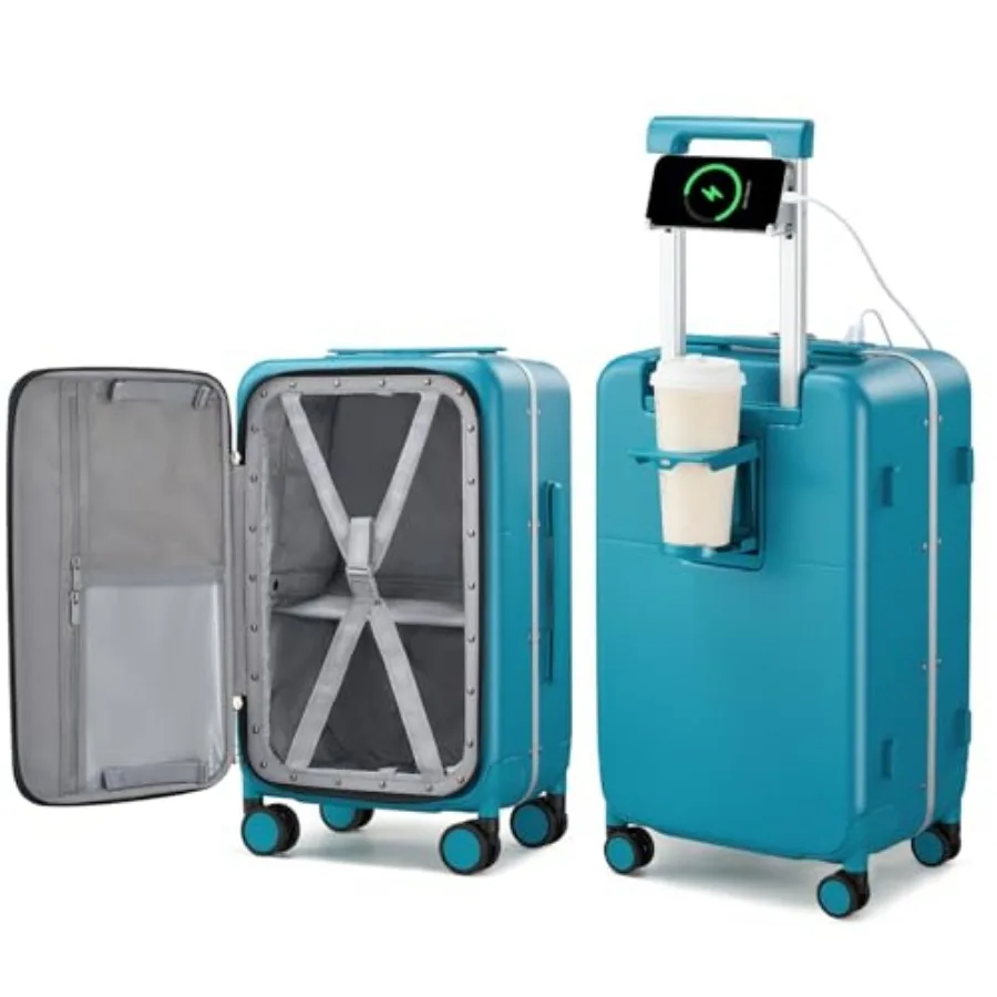 24 Inch Checked Luggage with Cup Holder and USB Ports, Top Opening Hard Shell Suitcase with Wheels, Aluminum Frame Trunk Luggag