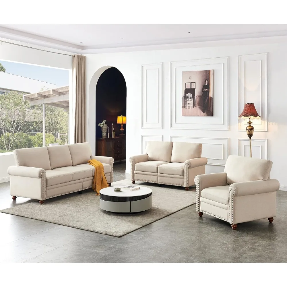 3-piece Living Room Set with Storage, 1-seat Chair, 2-seat Sofa and 3-seat Sofa with Armrests, with Silver Nail Decoration