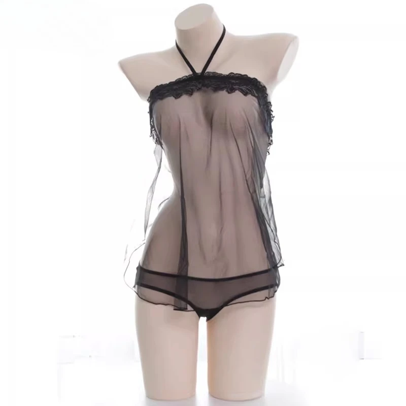 Anime Lace Fairies Mesh See Through Sleeping Dress Set Sexy Transparent Underwear Backless Bandage Underwear Role Play Outfits view 3