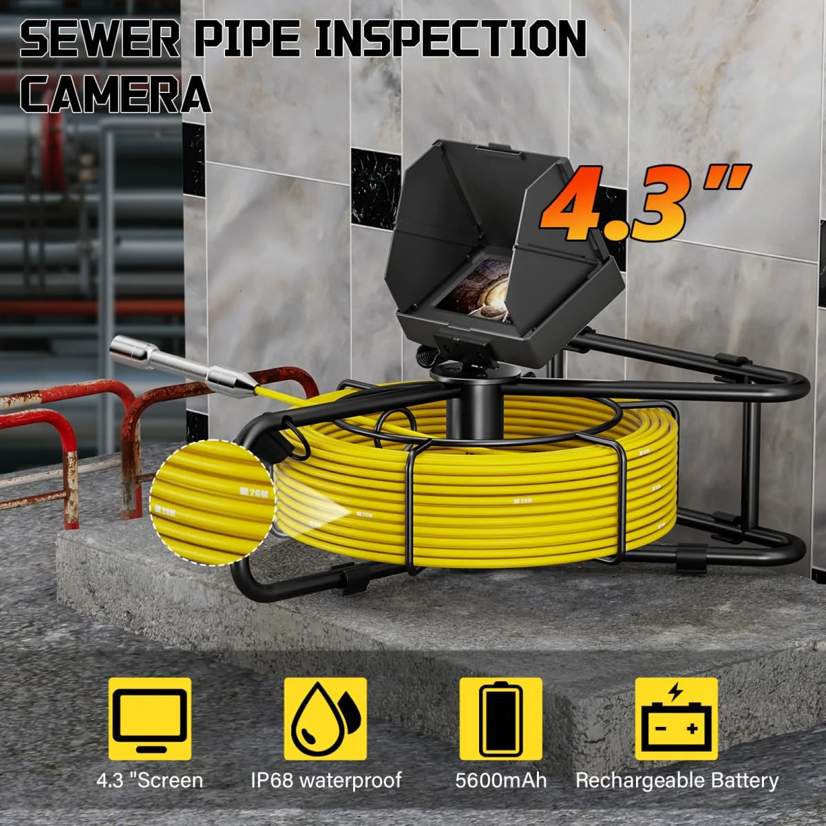 Camera For Sewer Pipe With 4.3inch IPS Color Monitor DVR Sewer Drain Industrial Endoscope IP68 5600MHA Battery
