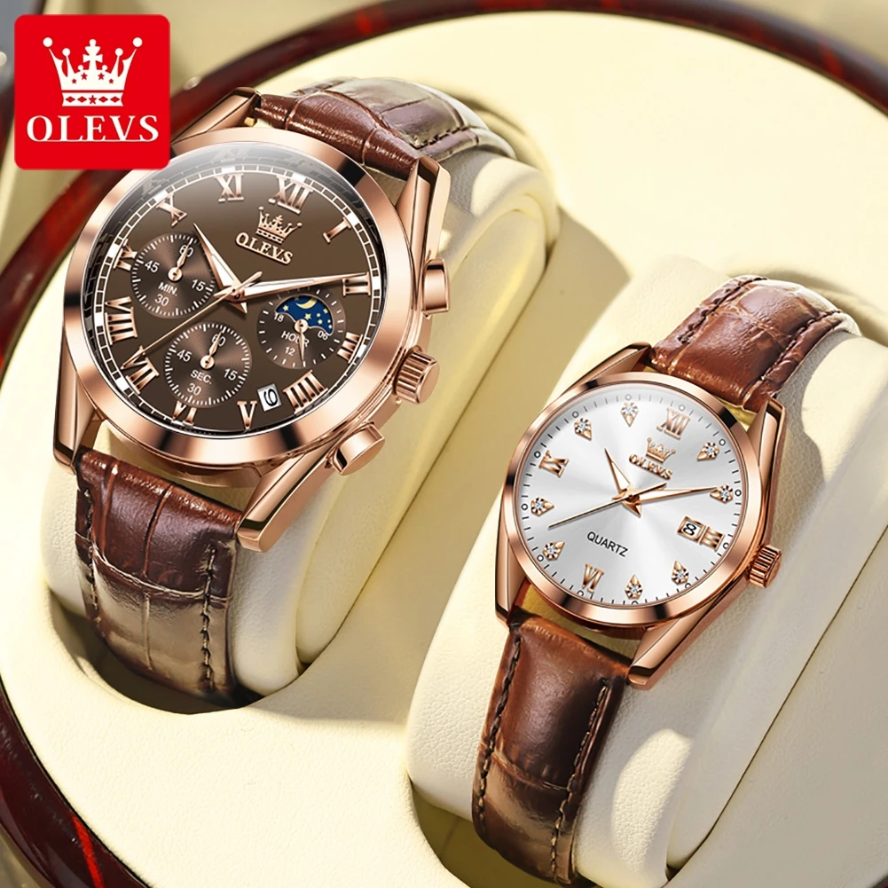 OLEVS Lover Watches Top Brand Luxury Couple Quartz Watch Waterproof Leather Strap Chronograph Watch for Women Men Couple Gift