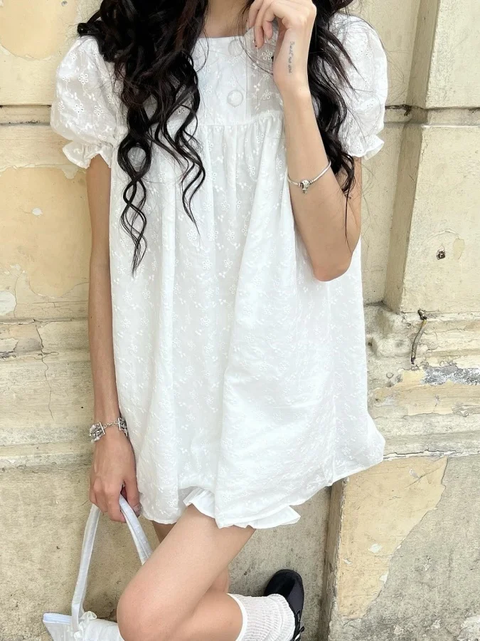 

Korean Sweet Embroidered Flower Hollow out Doll Collar Bubble Sleeve Dress Women Top And Shorts Two Piece Set Summer Casual