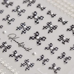 5D Realistic Relief White Pearls Black Houndstooth Bird Grids Bow Ribbon Adhesive Nail Art Stickers Decals Manicure Ornaments