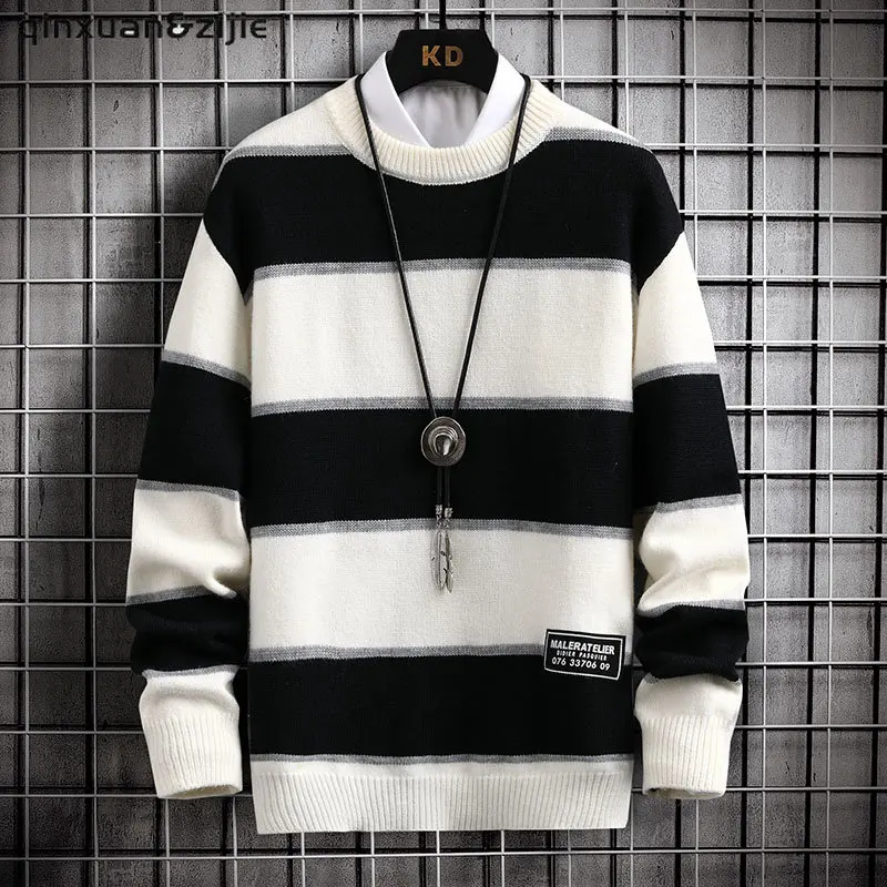 Sweter Rajutan Pullover Gambar Bergaris Kartun Pria Atasan Longgar Leher-o Kasual Harajuku Streetwear Uniseks Mode Musim Gugur Korea