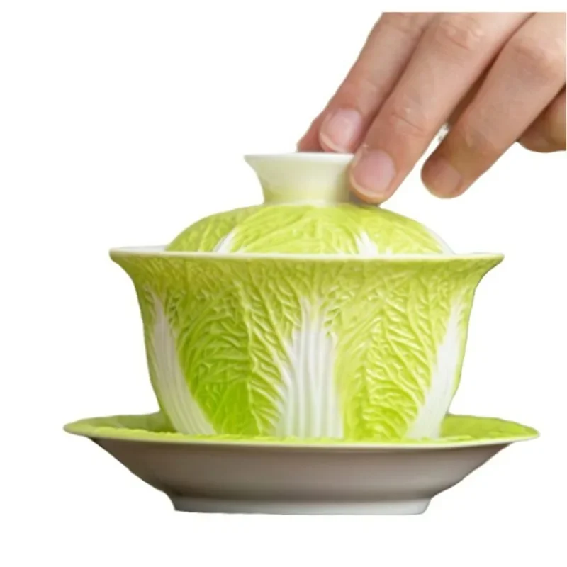 لحم الضأن الدهون اليشم الخزف باي كاي Gaiwan الأبيض طقم شاي سيراميك الإبداعية المنزل استخدام الملفوف تصميم الكونغ فو كوب تخمير مع غطاء