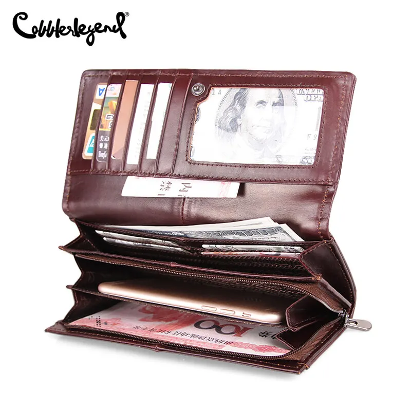 Cobbler Legend Long Genuine Leather Wallet Women Cards Holder Female Zipper Purses with Phone Bag Big Valet Carteira