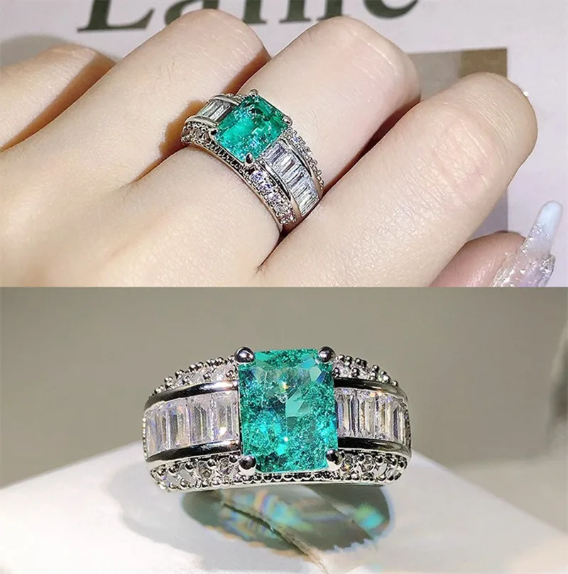 Anillos de piedras preciosas de diamantes verdes Paraiba cuadrados brillantes de princesa para mujer, joyería de alianzas de boda de plata 925 rellena de oro blanco