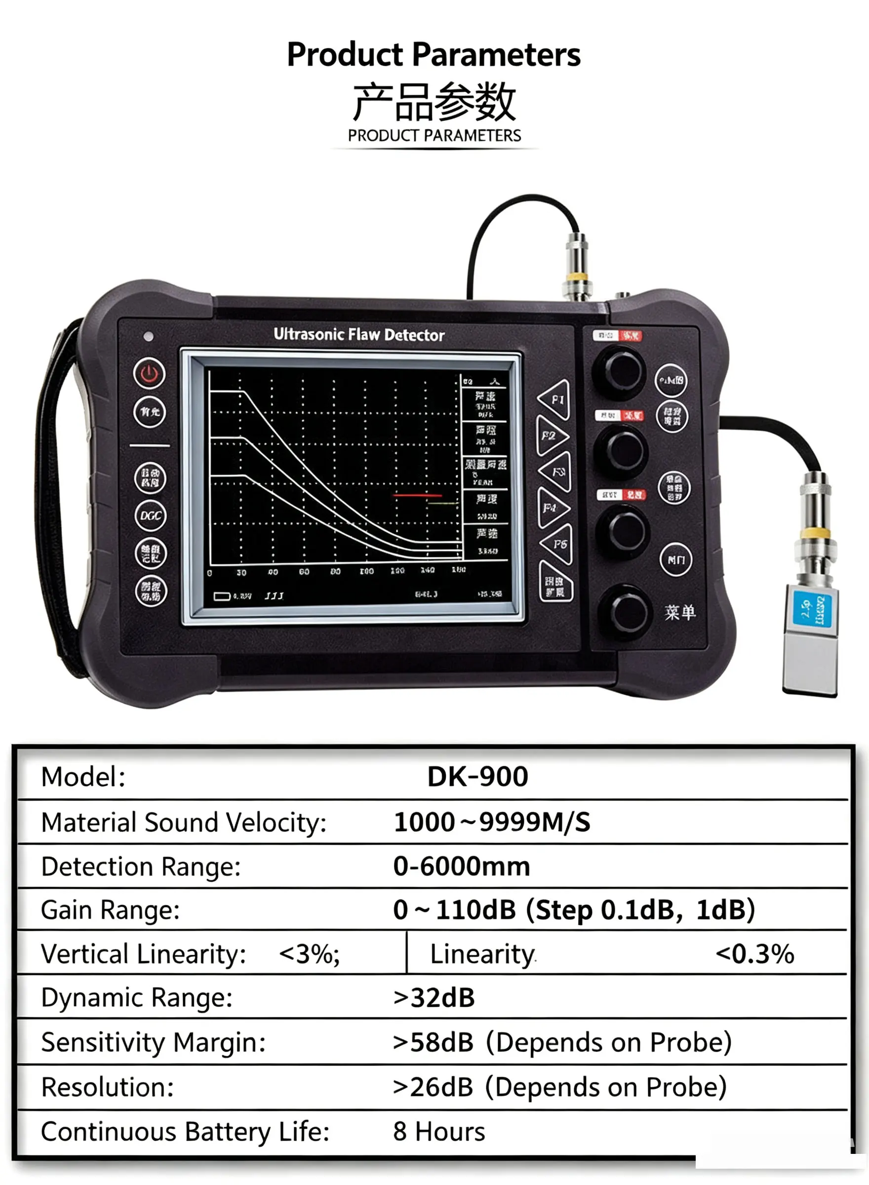 Portable DK-900 Ultrasonic Testing Machine 1000-9999m/s Sound Velocity Industrial Metal Weld Crack Flaw Detector