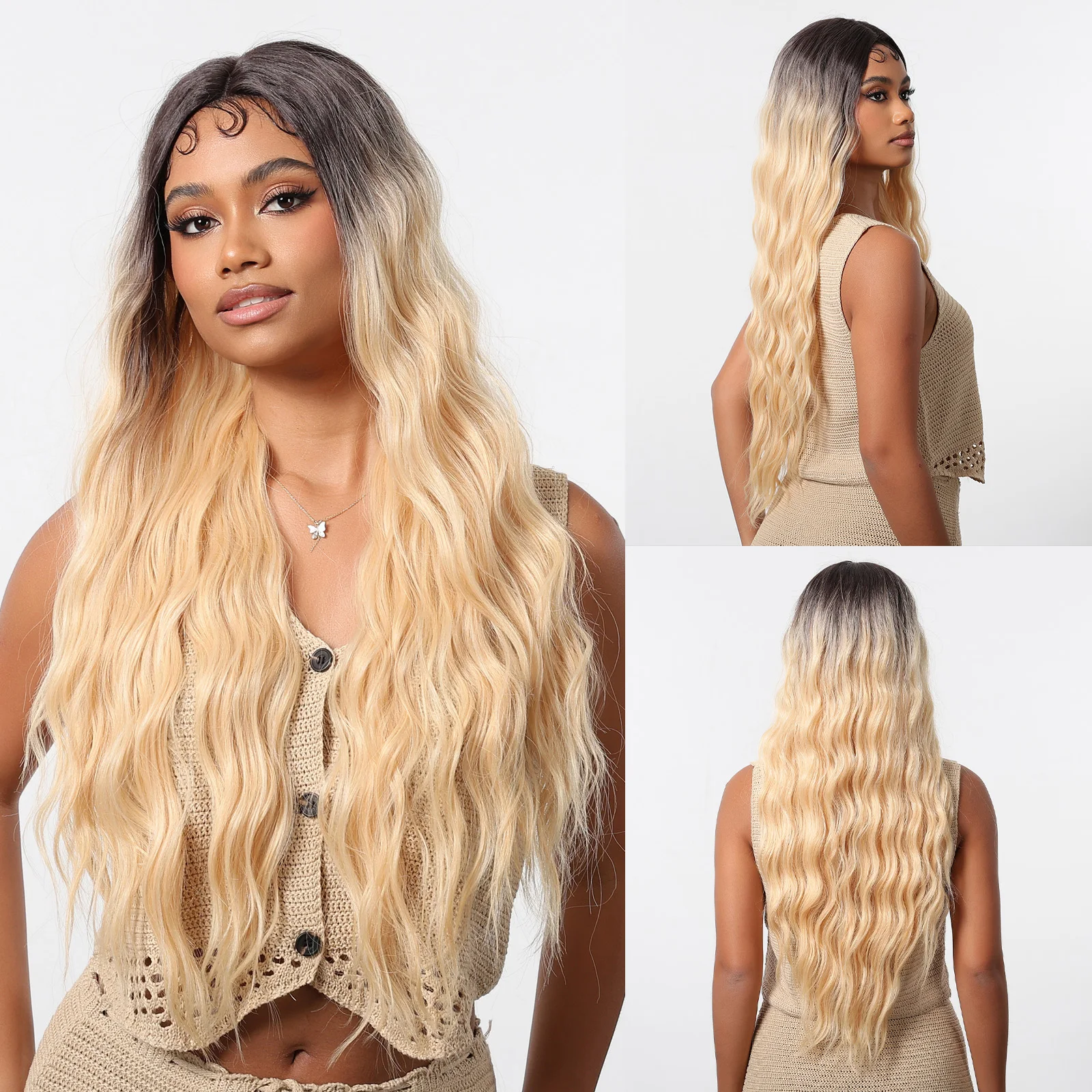 CharmSource Long Lace Synthetic Wigs Wavy BLonde With Dark Root Wig Baby Hair for Black Women Natural High Density  28inch