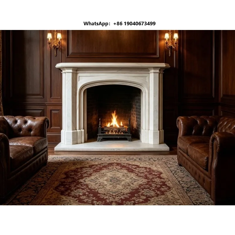 Classical White Marble Fireplace Arched Opening Brick Lined Firebox Design for Study Library Formal Living Room Villa  wjr