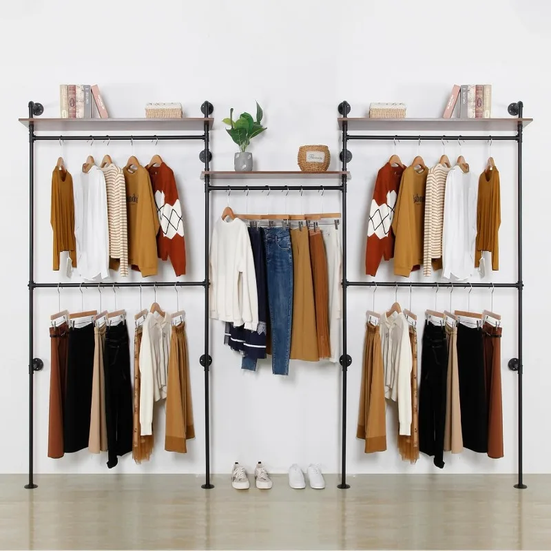 Industrial Pipe Clothing Rack Wall Mounted 5 Hanging Rods Garment Bar with Storage Shelf Heavy Duty Metal Clothes Closet System