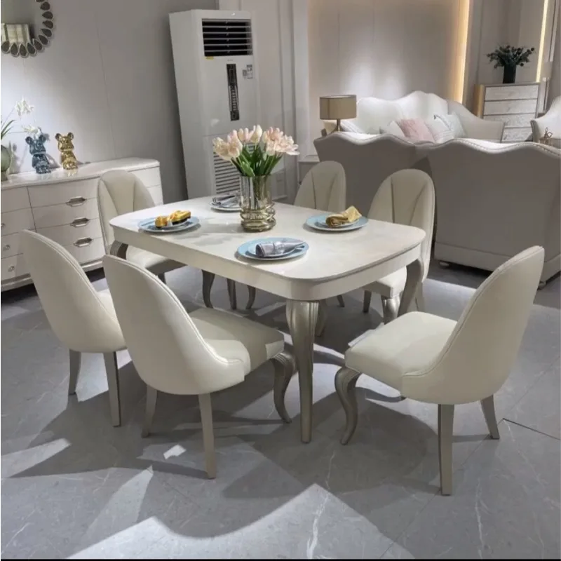 American light luxury dining table, marble solid wood dining table and chairs, French cream furniture, modern simple restaurant