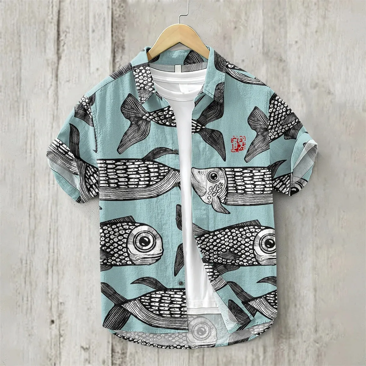 

Hawaiian style retro 3D printed fish pattern men's short sleeved shirt, linen casual top, loose and breathable, fashionable。